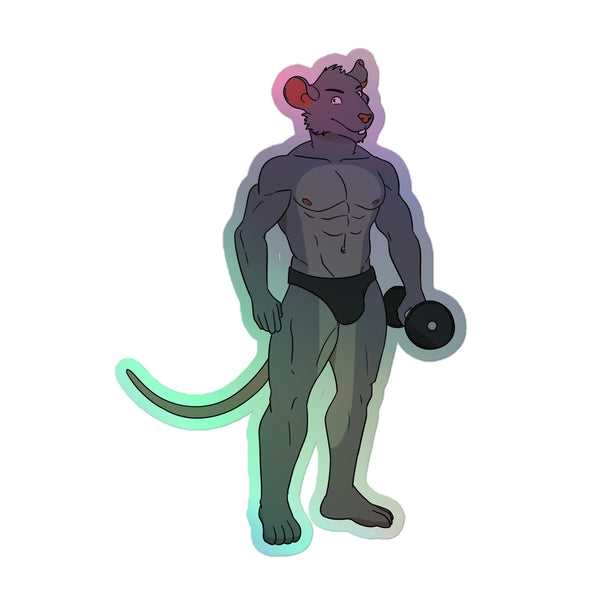 Gay Gym Rat Holographic Stickers feature a muscular, anthropomorphic rodent character in dark briefs holding a dumbbell, surrounded by a vibrant, rainbow shimmer, celebrating queer pride and self-expression.