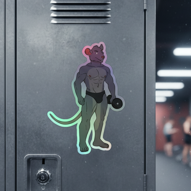 Gay Gym Rat Holographic Sticker on a gray metal locker, shows a buff rat in black briefs with a dumbbell, outlined in rainbow shimmer.