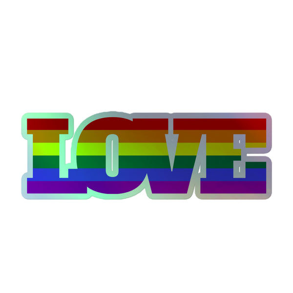 Gay Love Holographic Stickers: Bold 'LOVE' in rainbow stripes, crafted on durable vinyl. Celebrate queer pride and self-expression with vibrant, hot-embossed 3D patterns, perfect for showcasing identity indoors.