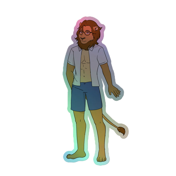 Gay Nerd Holographic Stickers showcase an anthropomorphic lion-man with glasses and a muscular torso, highlighted by a multi-colored glow. Celebrate queer pride with vibrant, durable vinyl, embodying self-expression and inclusivity.
