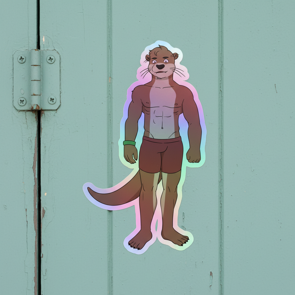 Gay Otter holographic sticker: brown otter in dark swim trunks and green wristband, upright on light teal surface, rainbow outline.