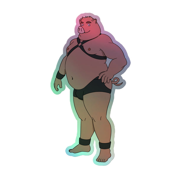 Illustration of a muscular, anthropomorphic pig in black leather gear, featured on Gay Pig Holographic Stickers. Celebrates LGBTQIA+ pride with vibrant, durable, hot-embossed vinyl, echoing queer empowerment and self-expression.