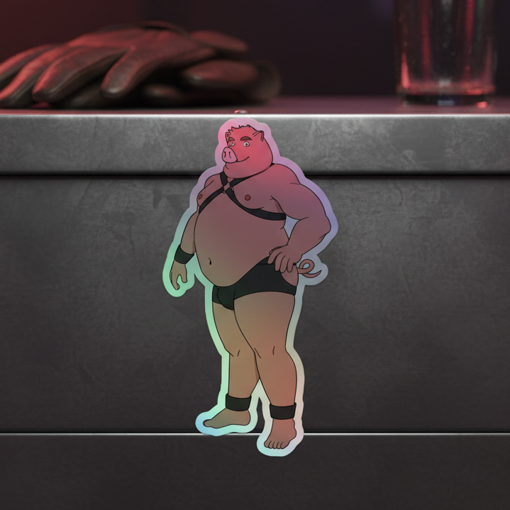 Gay Pig Holographic Sticker shows a buff figure in a pig mask, black harness and briefs on a dark metallic background—queer boldness.