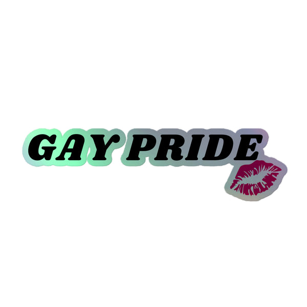 Gay Pride Holographic Stickers feature bold 'GAY PRIDE' text with a lipstick kiss mark, embodying vibrant, queer self-expression and empowerment in stunning rainbow shimmer for any surface.
