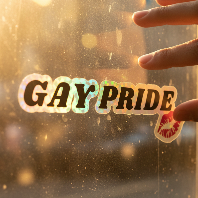 Gay Pride holographic sticker with a bold rainbow and red lipstick kiss mark on sunlit, dusty glass; hand softly touching window.