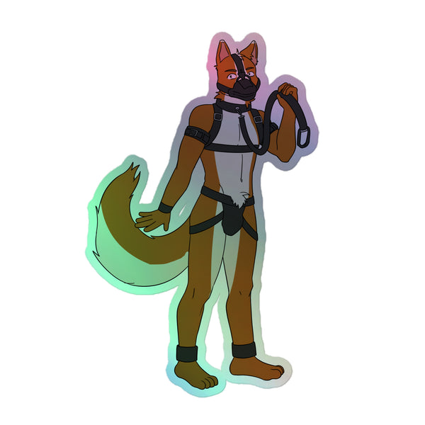 Gay Pup Holographic Stickers feature an anthropomorphic fox in a bondage harness and mask, embodying bold queer self-expression. These vibrant, durable vinyl stickers celebrate LGBTQIA+ pride and individuality.