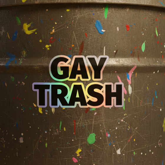 Metal trash can with bold “GAY TRASH” in rainbow-gradient letters, dark outline, styled like classic queer holographic sticker art.