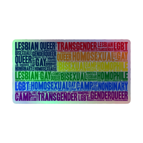 Gay USA Holographic Stickers: Rainbow-gradient word-cloud featuring LGBTQ+ identities like 'LESBIAN,' 'QUEER,' 'TRANSGENDER.' Vibrant, durable vinyl celebrating queer pride and self-expression with easy bubble-free application.