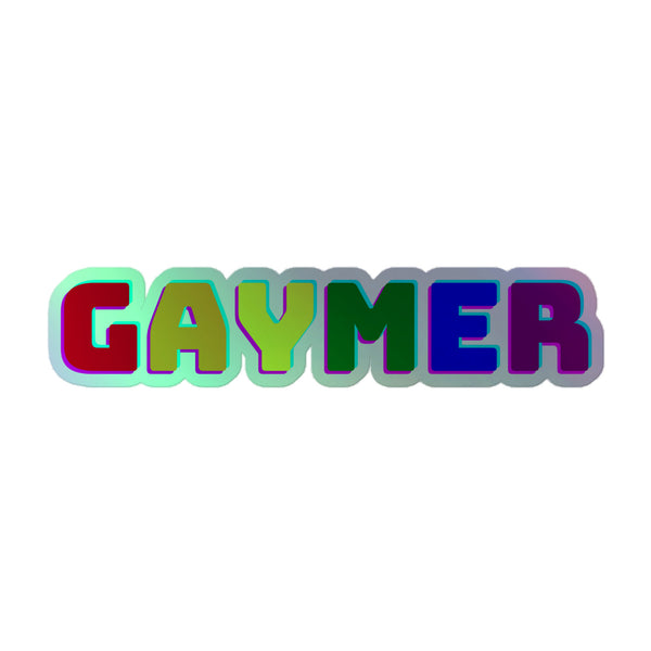 Gaymer Holographic Stickers showcase bold, rainbow-tinted letters on a sleek white background, embodying vibrant queer pride and self-expression. Perfect for adding a shimmering, empowering touch to personal items.