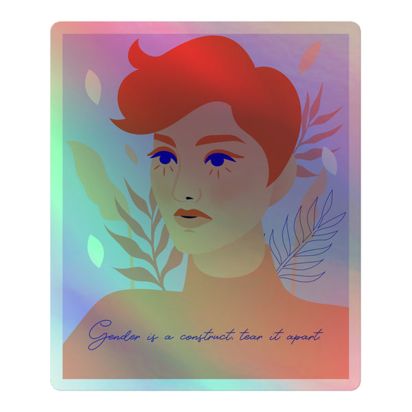 Gender Is A Construct Tear It Apart Holographic Stickers feature an androgynous face with bold red hair, blue eyeshadow, and floating botanical shapes, exuding vibrant, empowering queer pride and self-expression.