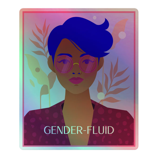 Gender-Fluid Holographic Stickers feature an androgynous figure with short blue hair and pink glasses. Surrounded by botanical motifs, these vibrant stickers celebrate queer identity with a rainbow shimmer and 3D embossing.