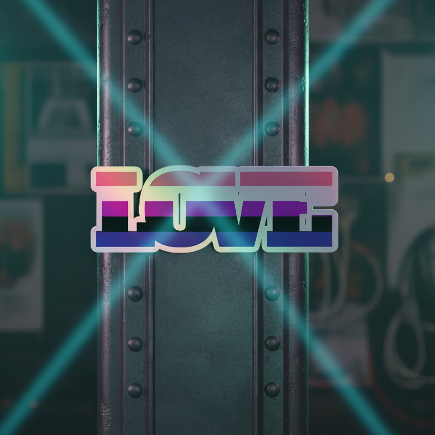Genderfluid Love holographic stickers with “LOVE” in bold modern font, pastel rainbow fade, and blue light beams over poster blur.