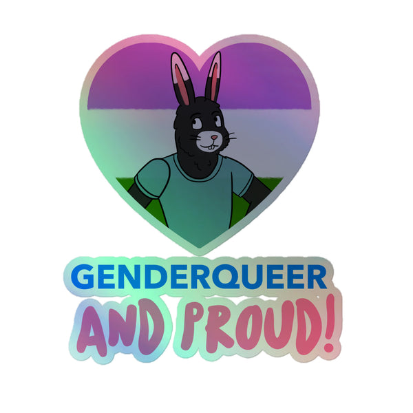 Genderqueer And Proud Holographic Stickers feature a heart with genderqueer pride colors and a cartoon rabbit, celebrating queer identity with vibrant, durable vinyl for joyful self-expression.