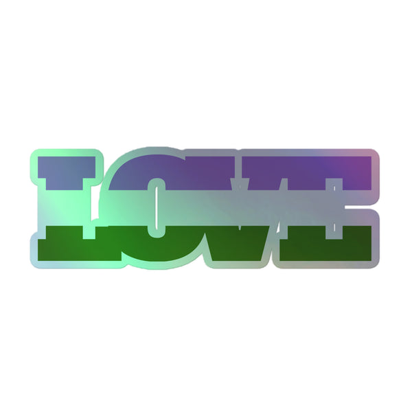 Genderqueer Love Holographic Stickers feature LOVE in a bold typeface with a purplish-green gradient, embodying vibrant queer pride and self-expression. Crafted from durable vinyl for indoor use, enhancing visibility and empowerment.