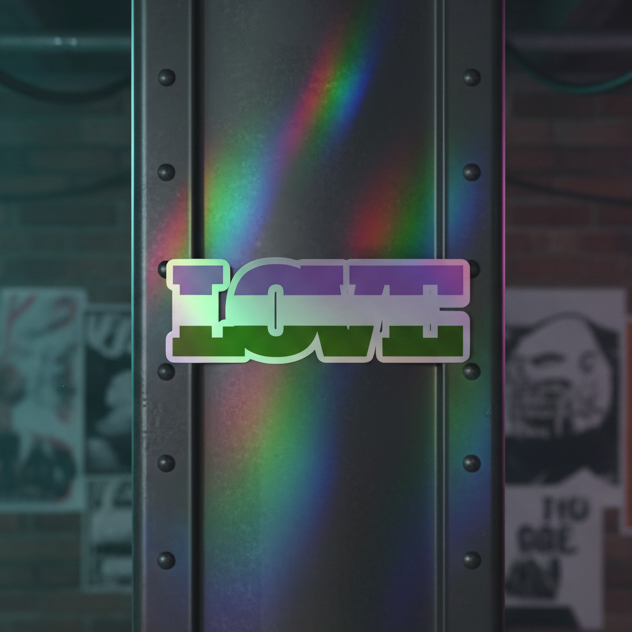 Genderqueer Love holographic stickers and vinyl decals shimmer on a metallic column lit by rainbow lights, with "LOVE" in bold white.