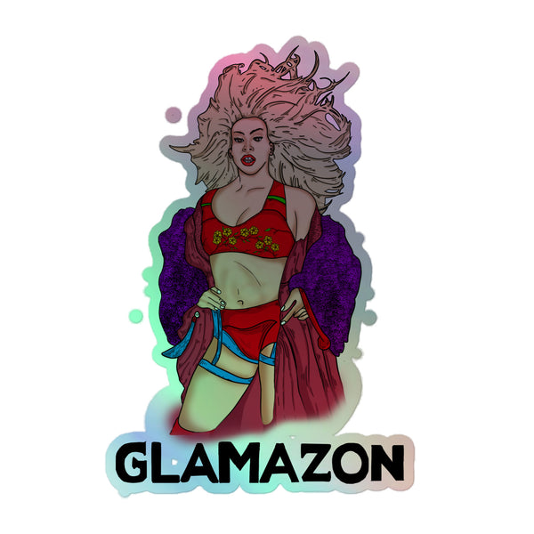 Glamazon Holographic Stickers feature a vibrant drag-inspired figure in red lingerie and a purple robe, embodying queer pride and self-expression with electrifying rainbow shimmer and durable, bubble-free vinyl design.