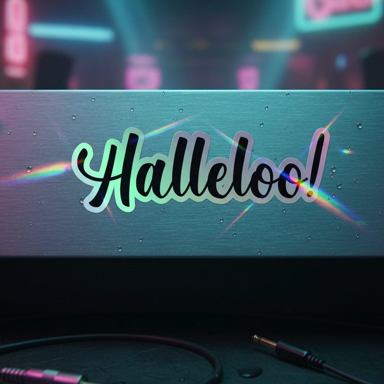 Holographic stickers with “Halleloo!” in lively script on metallic rainbow foil, audio cable and neon backdrop channel queer club energy.