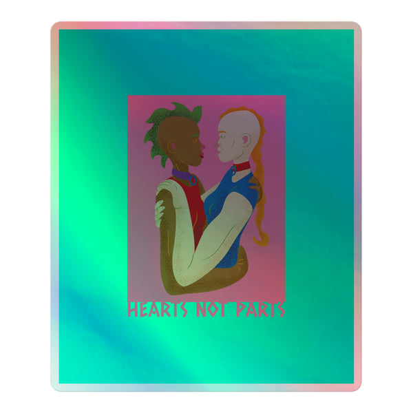 Hearts Not Parts Holographic Stickers feature a vibrant illustration of two diverse individuals embracing, embodying queer pride and visibility on durable, shimmering vinyl, perfect for empowering self-expression and inclusivity.