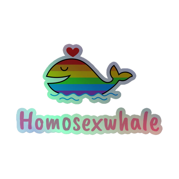 A vibrant Homosexwhale Holographic Sticker featuring a rainbow-striped whale with a red heart, symbolizing queer pride and self-expression, perfect for showcasing LGBTQIA+ visibility and empowerment.