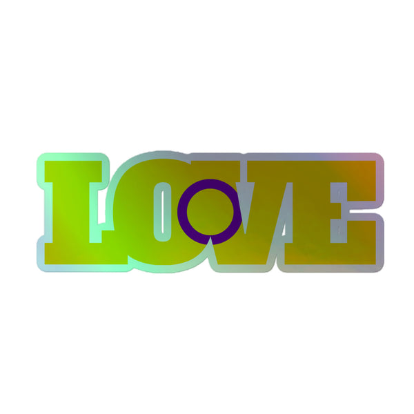 Intersex Love Holographic Stickers feature chunky block letters spelling “LOVE,” with a vibrant green-to-orange gradient and a purple circle for “O,” embodying vibrant queer pride and self-expression.