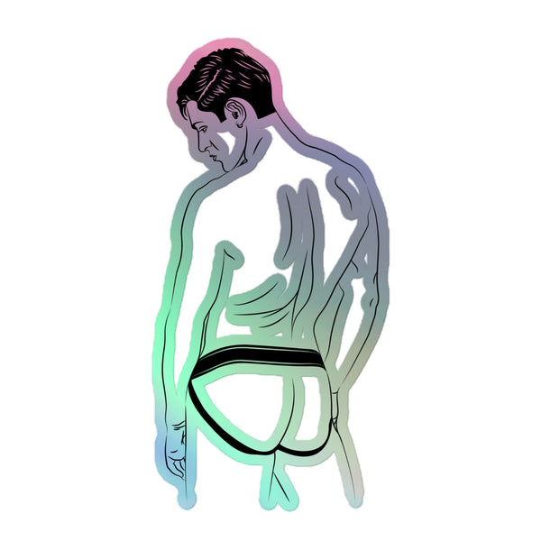 Jockstrap Holographic Stickers feature a nude male line drawing in a jockstrap, surrounded by a vibrant pink-to-green gradient glow, embodying queer pride, self-expression, and inclusivity.