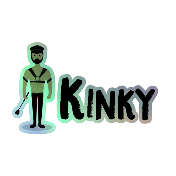Kinky Holographic Stickers feature a cartoon bearded man in leather fetish gear holding a prop, with KINKY in bold letters, celebrating queer pride and self-expression with vibrant, durable vinyl.