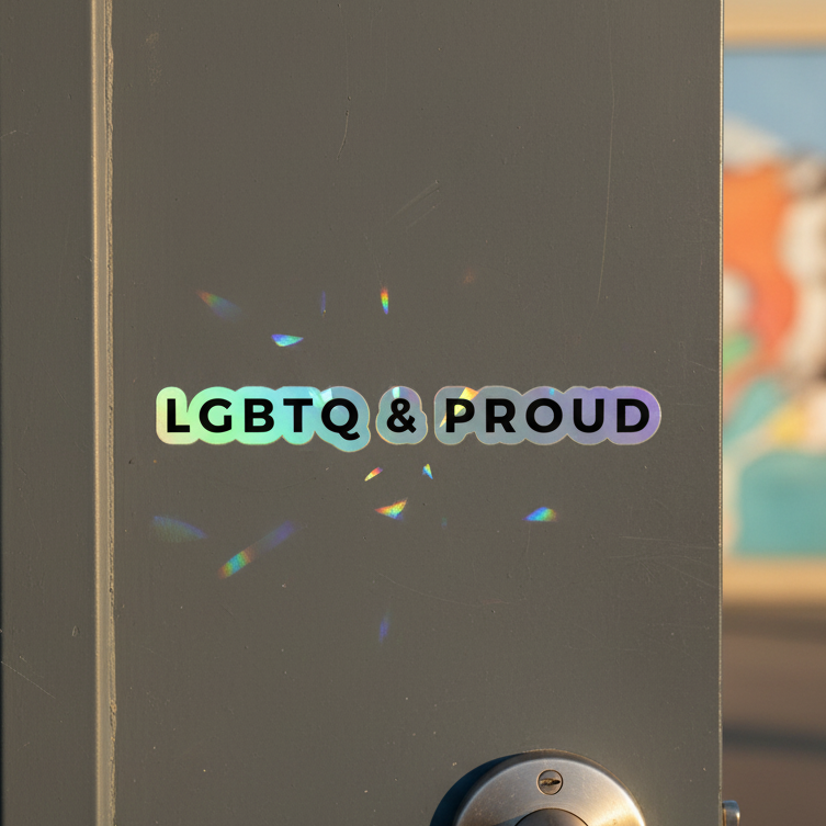 LGBTQ & Proud holographic sticker with bold rainbow text pops on a metallic gray door; mural colors blur vibrantly behind it.
