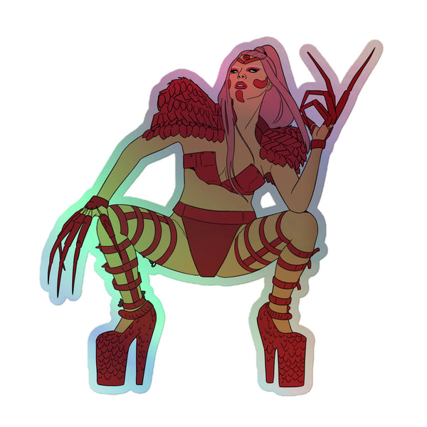 Lady Gaga Chromatica Holographic Stickers feature a fierce, pink-haired warrior in red strappy armor with wing-like pauldrons, embodying bold queer energy and pride in vibrant holographic vinyl.