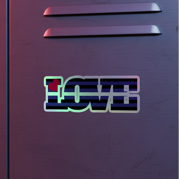 LeaTher Pride Love holographic sticker with black and blue stripes and red heart “O” on a metallic locker, glowing in queer purple-blue light.