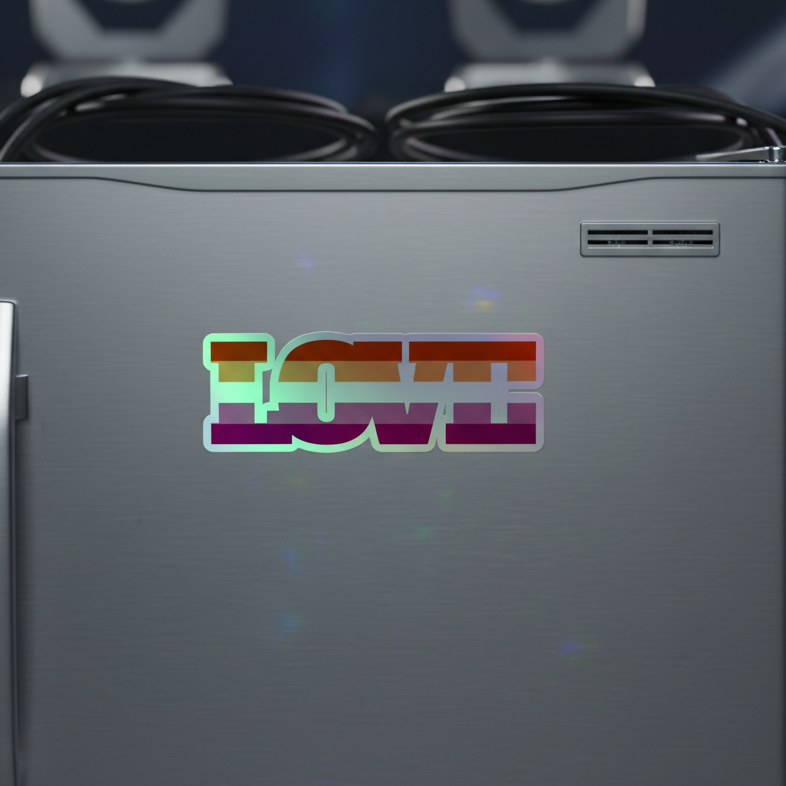 Lesbian Love Holographic Sticker with bold "LOVE" text in rainbow gradient on a metallic surface, queer pride, vinyl and shiny.