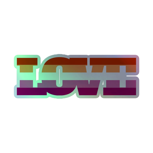 Lesbian Love Holographic Stickers feature bold, blocky I-C-M-E letters in a vibrant green/orange/purple gradient, embodying queer empowerment and pride with durable vinyl for bubble-free application.