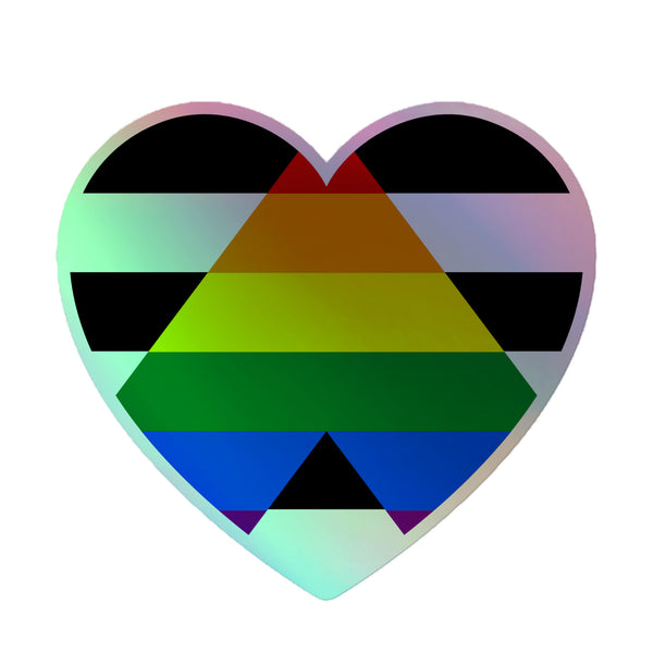 LGBTQ Ally Holographic Stickers feature a vibrant, heart-shaped design with rainbow-gradient bands and bold black geometric shapes, symbolizing queer pride and empowering self-expression through durable, stylish vinyl.