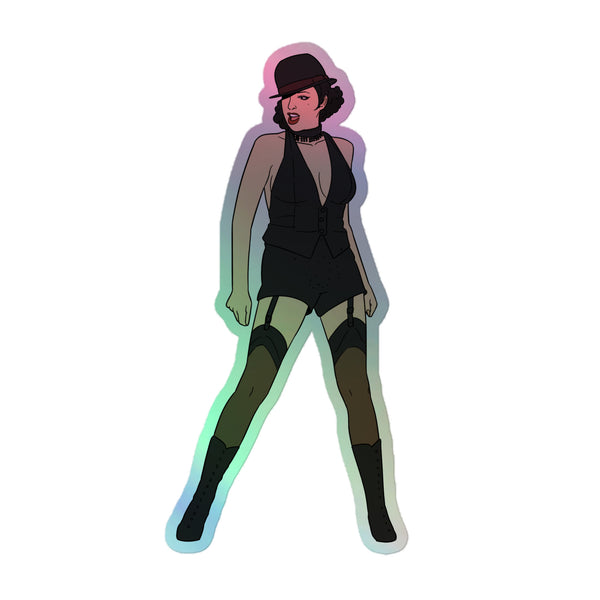 The Liza Minnelli Holographic Stickers showcase a bold stylized figure in empowering attire with a vivid, rainbow shimmer, celebrating queer pride and self-expression. Perfect for displaying inclusive identity with vibrant flair.