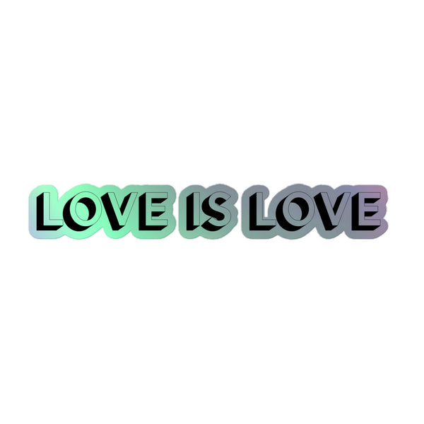 Love Is Love Holographic Stickers feature bold 3D letters with a gradient from mint green to slate-purple, embodying queer pride and self-expression. Durable, easy-apply vinyl celebrates LGBTQIA+ visibility.