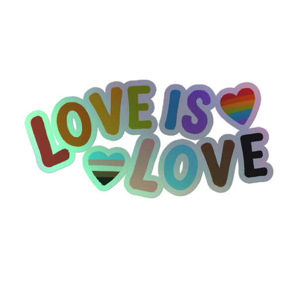 Love Is Love LGBTQ Holographic Stickers feature bold, rounded lettering with pride hearts, embodying vibrant queer self-expression. Perfect for laptops or notebooks, these durable vinyl stickers celebrate diversity and inclusivity.