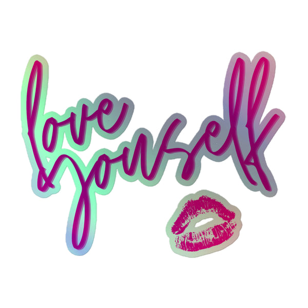 Love Yourself! Holographic Stickers feature vibrant, hand-lettered script and a lipstick kiss, embodying queer pride and self-expression with a durable, shimmering vinyl design.