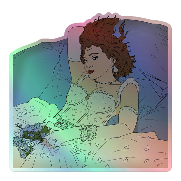 Madonna Like A Virgin Holographic Stickers feature a dreamy woman in bridal lingerie, holding flowers. These vibrant, 3D stickers celebrate queer self-expression and pride, perfect for personalizing your space.