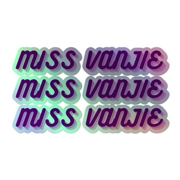Miss Vanjie Holographic Stickers featuring bold, rounded script on vibrant pastel gradients, embodying queer pride and self-expression with durable, hot-embossed vinyl for seamless, bubble-free application.