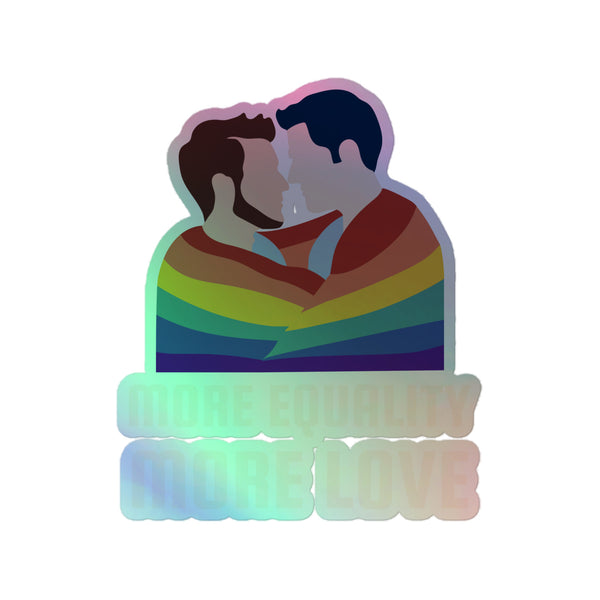 More Equality More Love Holographic Stickers feature two men in rainbow-flag stripes, symbolizing queer pride. Crafted from durable vinyl, they offer a vibrant, bubble-free application for celebrating LGBTQIA+ identity.