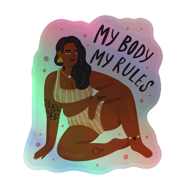 My Body My Rules Holographic Stickers feature a vibrant illustration of a plus-size woman in striped bralette and briefs, adorned with tattoos, against an iridescent backdrop, celebrating queer pride and self-expression.