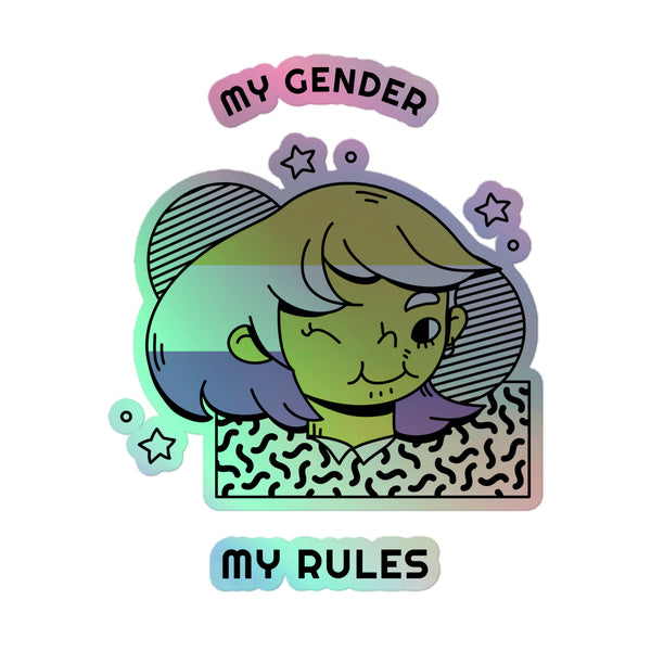 My Gender My Rules Holographic Stickers feature a vibrant, androgynous cartoon character with purple-tinted hair, radiating queer pride. The design includes playful stars and slogans, celebrating self-expression and identity.