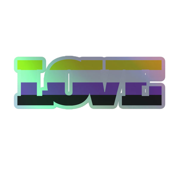 Non-Binary Love Holographic Stickers: Block-letter LOVE filled with non-binary pride stripes, exuding vibrant queer energy. Durable vinyl with electrifying shimmer celebrates self-expression and identity, perfect for personalizing indoor surfaces.