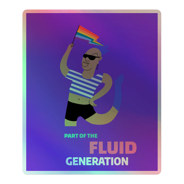 Part Of The Fluid Generation Holographic Stickers feature a gender-fluid mermaid waving a rainbow flag. Captivating, durable, and prideful, these stickers celebrate queer visibility and self-expression with vibrant holographic shimmer.