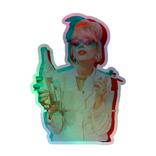 Patsy Stone Absolutely Fabulous Holographic Stickers feature a retro, glitch-art style portrait with cat-eye sunglasses and bold accessories, embodying vibrant queer pride and self-expression in durable, eye-catching vinyl.