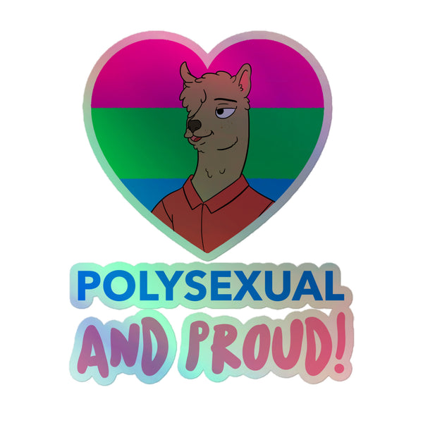 Polysexual And Proud Holographic Stickers feature a pink/green/blue heart with a cartoon llama in a red polo, celebrating identity with vibrant 3D vinyl, embodying queer pride and self-expression.