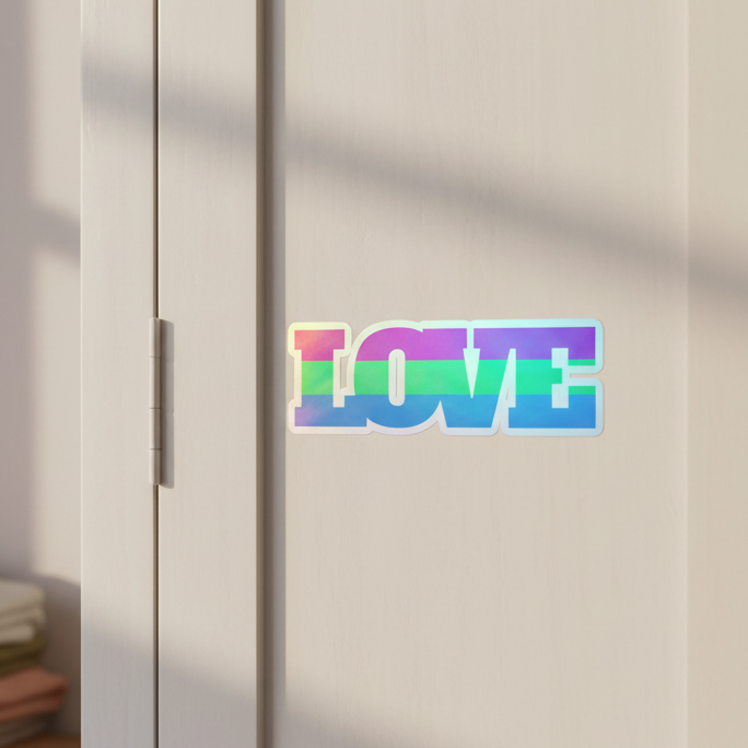 Polysexual holographic sticker with bold rainbow-gradient "LOVE" on a light cabinet door, shining with queer pride in sunlight.