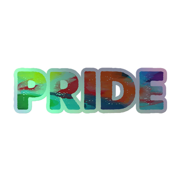 Pride Holographic Stickers showcase 'PRIDE' in bold letters with a multicolored watercolor texture, embodying vibrant self-expression and queer empowerment. Perfect for celebrating LGBTQIA+ identity with style and resilience.