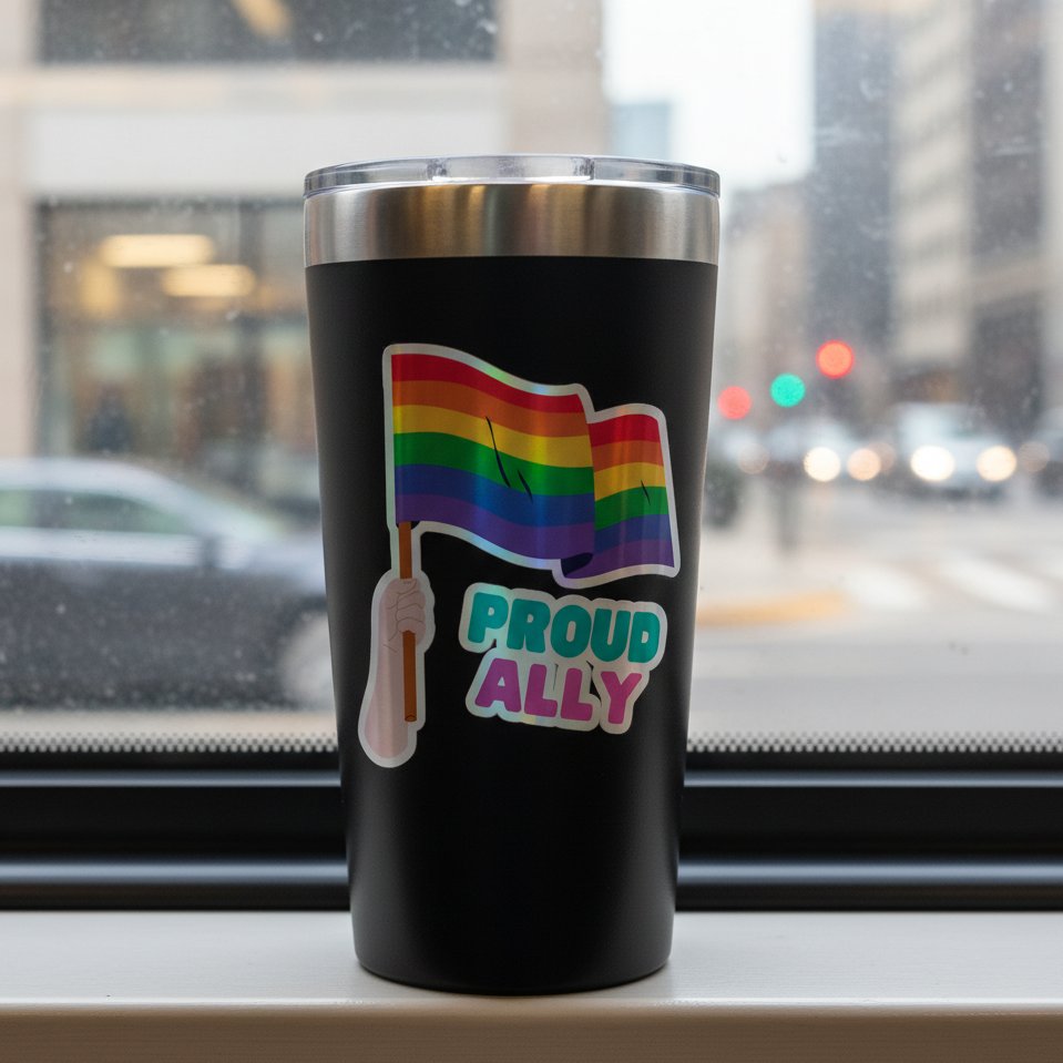 Black tumbler on a windowsill, rocking a holographic sticker: fist raised, rainbow pride flag waving above bold “PROUD ALLY.” City life blurs beyond the glass.