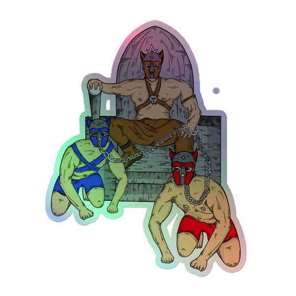 Pup Play Holographic Stickers depict a comic-style dominance scene with masked figures, embodying queer empowerment. These vibrant, durable vinyl stickers celebrate LGBTQIA+ pride, self-expression, and inclusivity with bold, sexy energy.