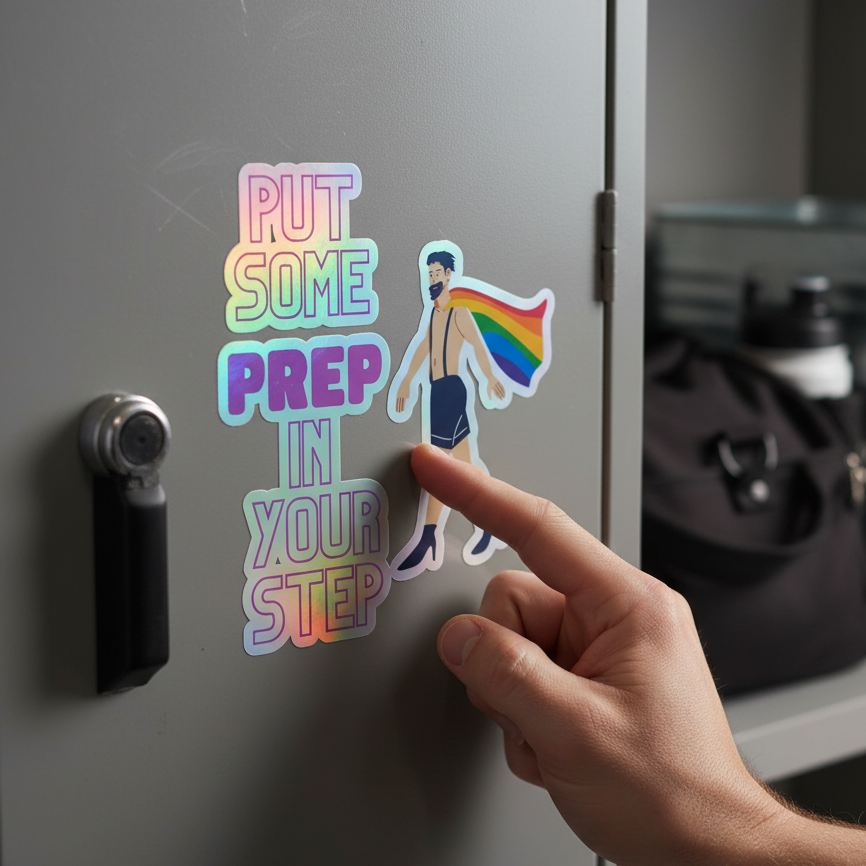 Holographic sticker on a gray locker reads "Put Some Prep In Your Step" in rainbow letters, with a caped undie hero for LGBTQ+ pride and HIV prevention.
